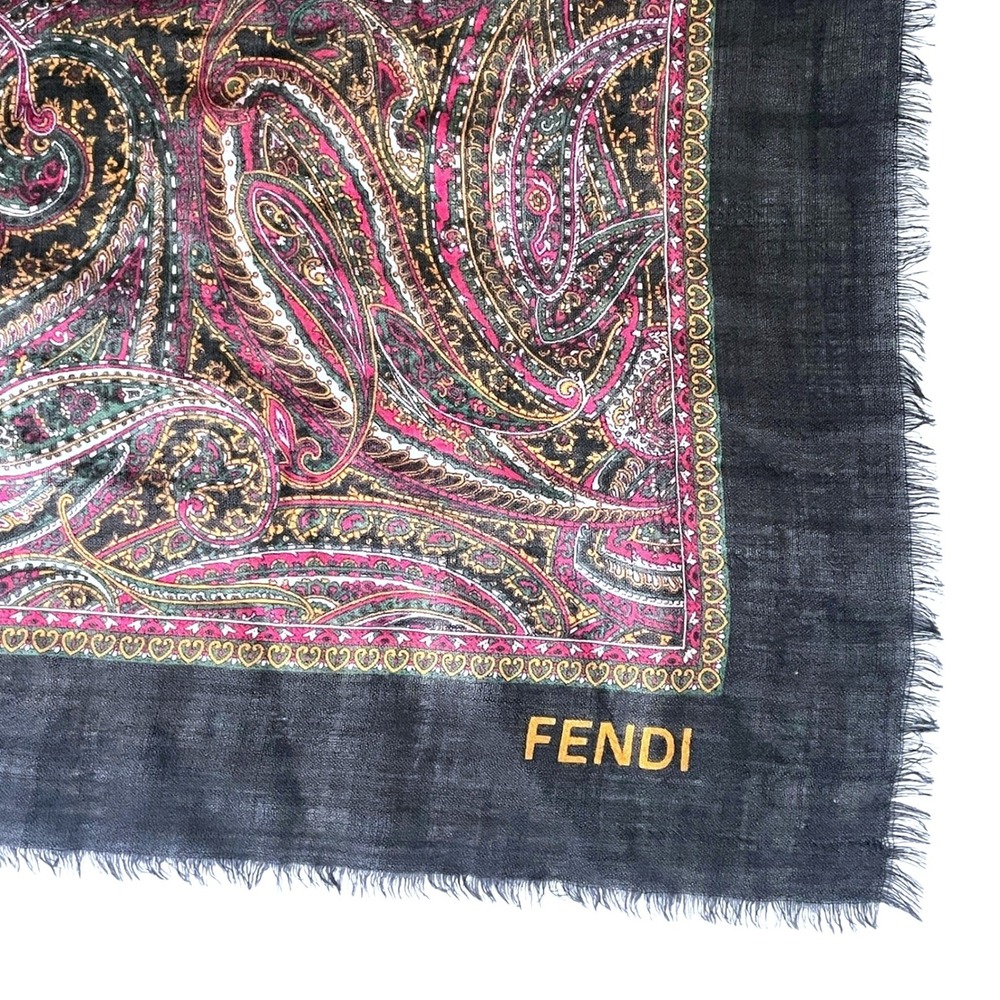 Fendi Vintage 100% Wool Paisley Oversized Shawl Wrap Scarf Black Burgundy Italy